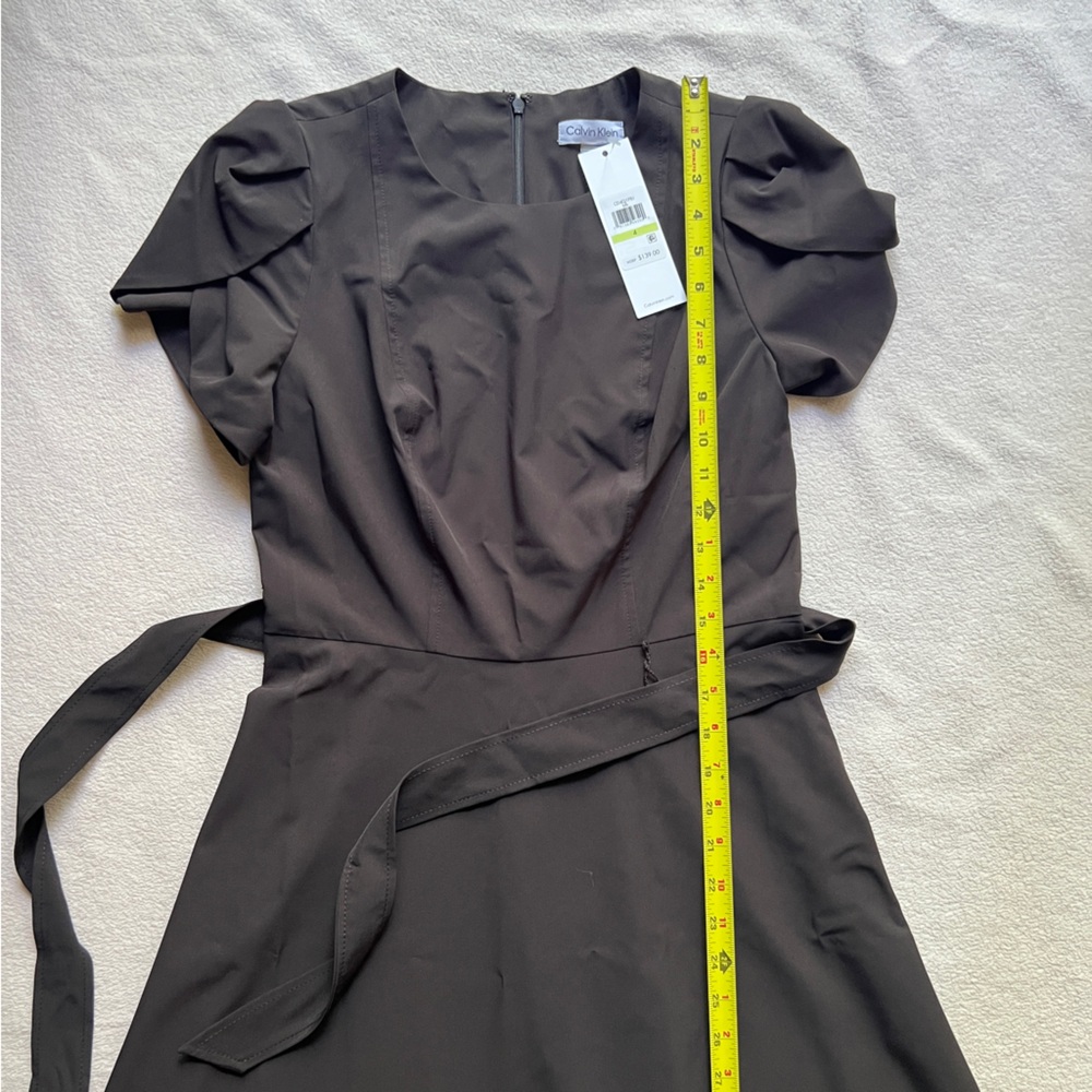 Calvin Klein Tulip Sleeve Fit & Flare Midi Dress Black Women’s 4 Belted Waist - Picture 13 of 16
